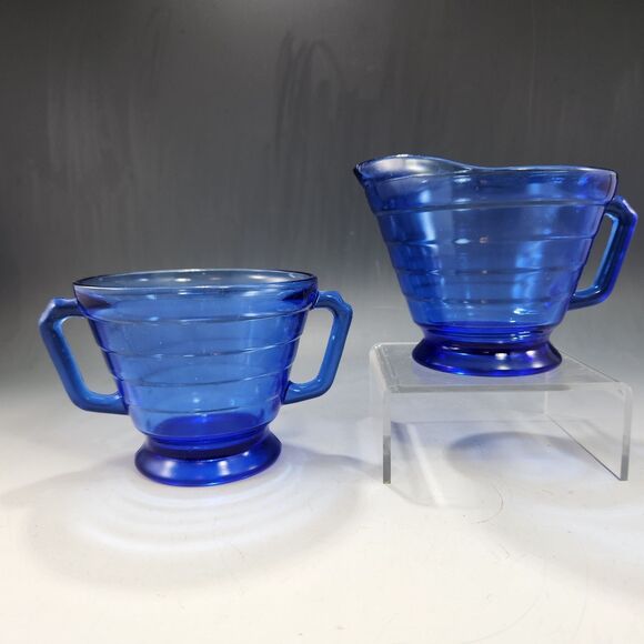 VTG Moderntone Creamer & Open Sugar Set 2 pc Cobalt Blue Hazel Atlas Glass 1930s - Picture 1 of 6